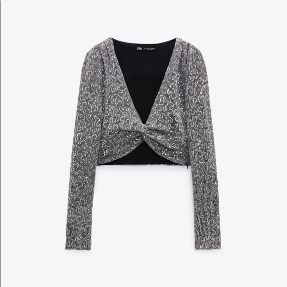 ZARA Sequin Silver crop top - Picture 3 of 10